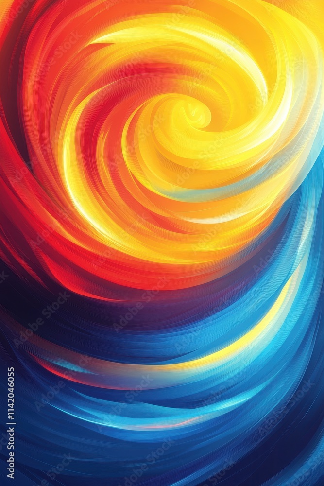 Poster a vibrant abstract swirl of warm reds and yellows blending into cool blues, creating a dynamic visua