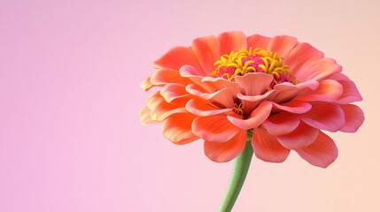 Single Coral Zinnia Flower on Soft Gradient Background