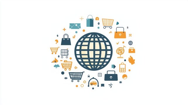 Emerging market e-commerce growth: A digital globe surrounded by shopping icons and trends, symbolizing e-commerce in global markets