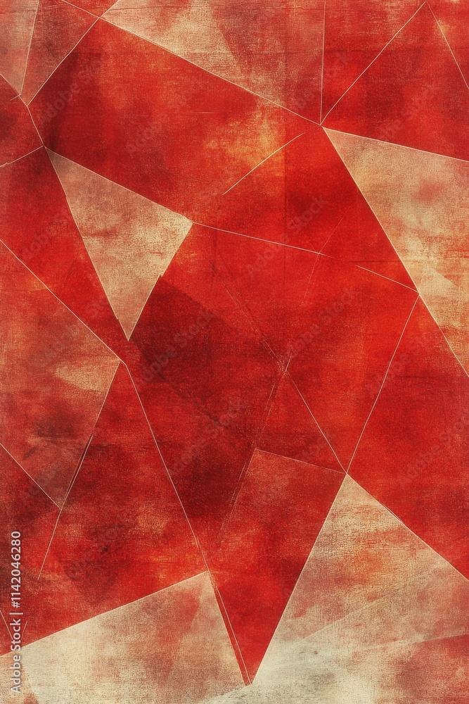 Poster abstract geometric design featuring interlocking red and beige triangular shapes.