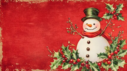Classic Snowman with Holiday Greens on a Traditional Red Christmas Background