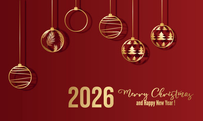 Happy New Year 2026 Elegant gold text with balloons and confetti. Realistic vector illustration