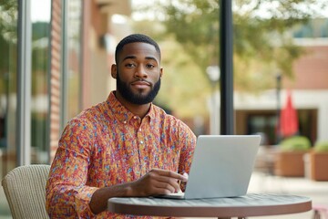 young man with beard sits at outdoor table, working on laptop. He wears colorful patterned shirt and looks confidently at camera, surrounded by pleasant environment