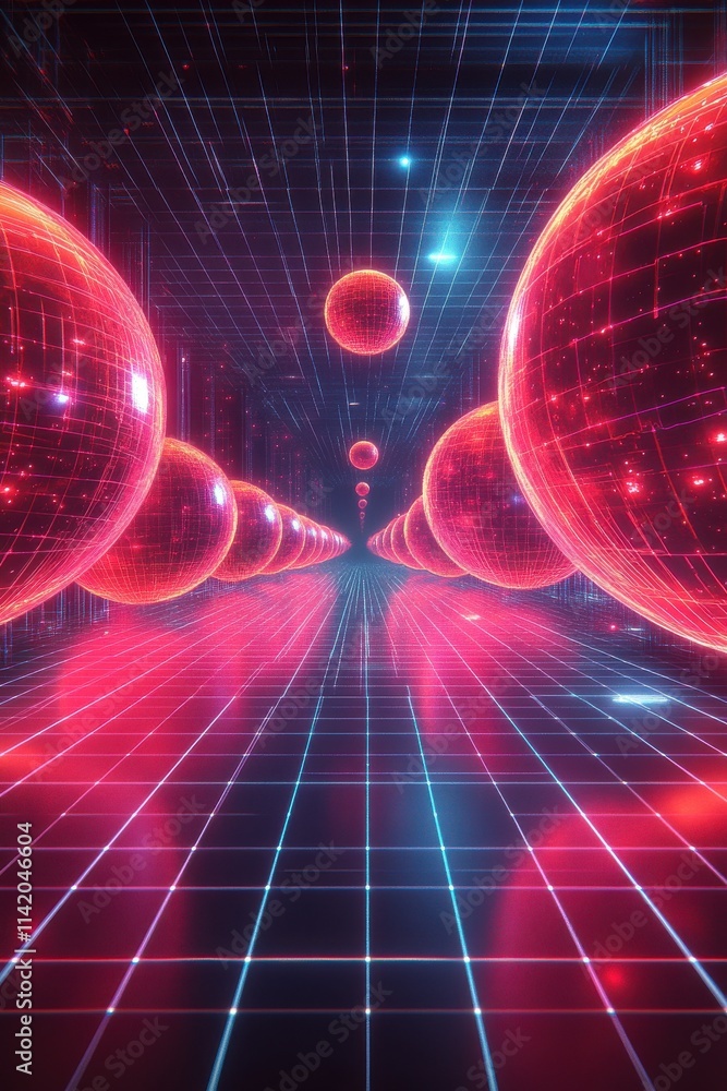 Poster futuristic digital landscape with glowing red spheres and neon grid pattern, creating a vibrant sci-
