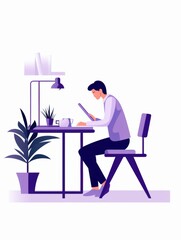 Man engaged in work on a tablet at a modern office desk, surrounded by a serene environment with a large potted plant and desk lamp, representing concentration and efficiency