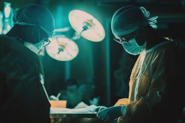 Surgeons in Personal Protective Equipment Carefully Analyzing Patient Data under Bright Surgical Lights in Operating Room Environment