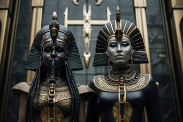 Obraz premium Before the Majestic Building Stood a Pair of Statues Their Ancient Visages Paying Homage to the Gods of Egypt s Hallowed Past
