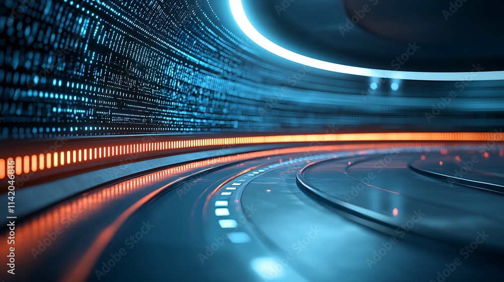 Poster wide-angle perspective of dynamic light trails in a futuristic space abstract environment