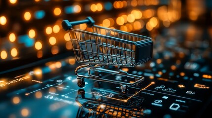 Futuristic retail platforms: A vibrant 3D tablet display with glowing shopping carts and interactive trend graphs emerging from the screen