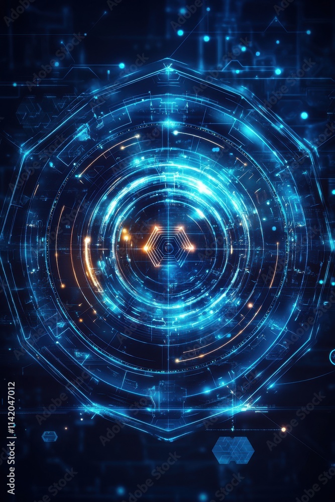 Poster futuristic blue technology abstract with intricate circular patterns and glowing elements.