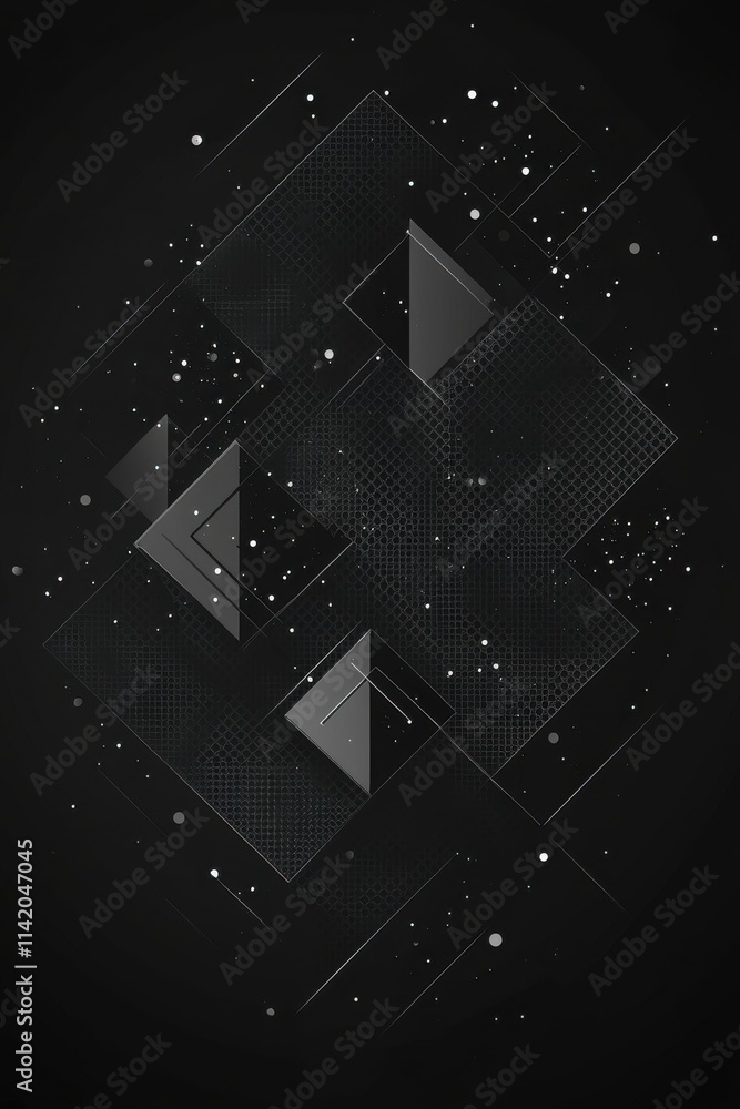 Poster abstract geometric pattern featuring dark layers and scattered light elements, creating a dynamic vi