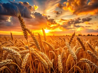 Golden wheat bends in the dramatic sunset, sharply silhouetted against a fiery sky.