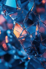 A close-up of shattered glass reflecting vibrant blue and orange hues, creating an intriguing and artistic visual.