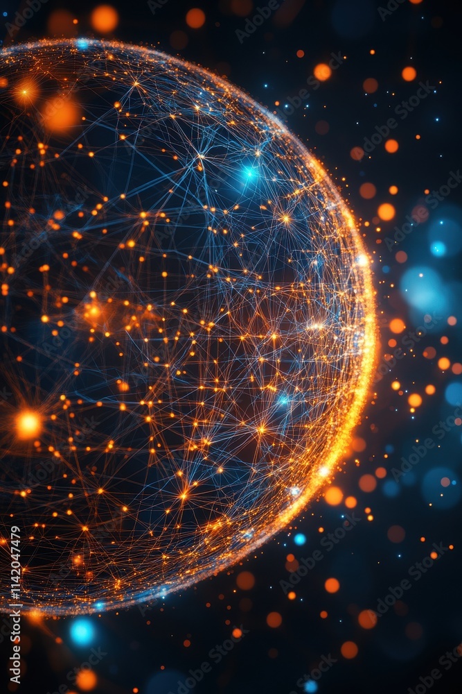 Poster a stunning digital render of a glowing globe, interconnected by vibrant lines and sparkling points o
