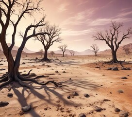Desolate landscape with barren trees and cracked earth, desolate landscape, environmental degradation