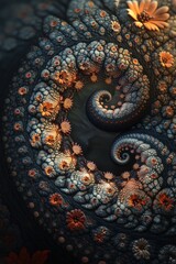 A mesmerizing abstract spiral featuring intricate floral patterns and warm tones, evoking a sense of tranquility.