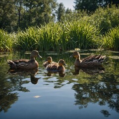 A duck family swimming in a mirror-like pond.