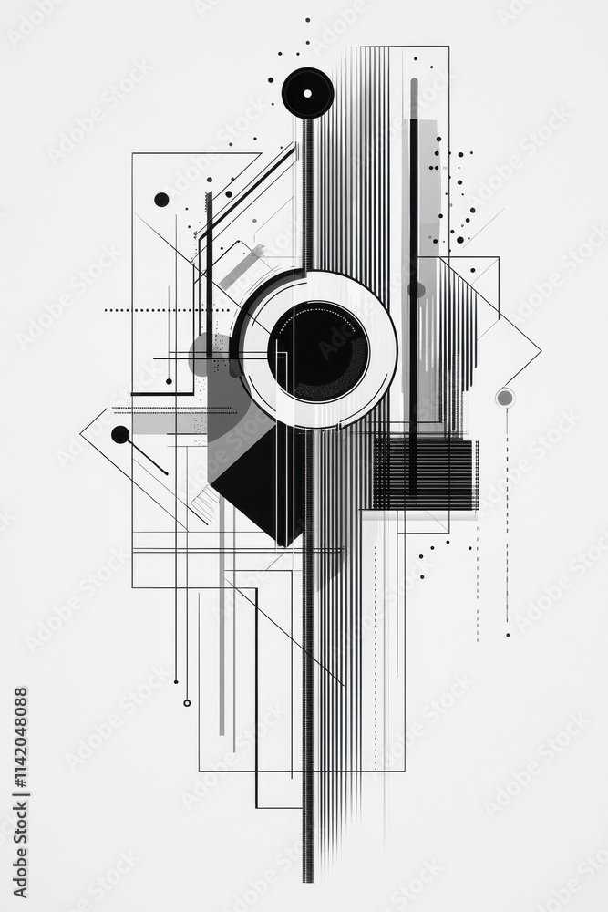 Poster abstract black and white geometric composition with circles and lines, creating a modern artistic fe