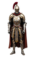 Fototapeta premium Medieval knight in armour with red cape and helmet isolated on a transparent background