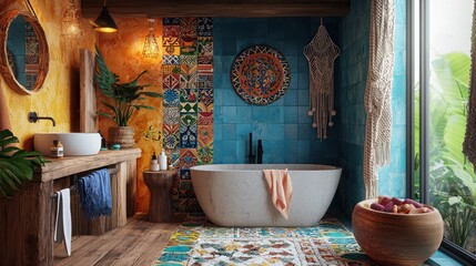 A colorful bohemian bathroom with a mix Moroccan tiles, wooden accents, and macramé details for an artistic flair.