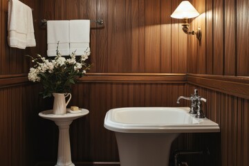 A compact vintage-inspired bathroom with retro wall paneling, modern lighting, and a freestanding...