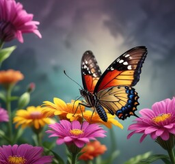 Fototapeta premium Delicate butterfly perched on a colorful flower, animal, gentle