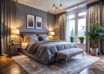 Modern grey bedroom design; long curtains create a peaceful sanctuary for deep sleep. Home decor inspiration.