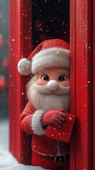Santa Claus with a Gift Bag Peeping from a Red Door on a Snowy Christmas