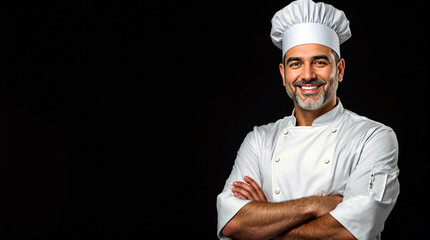 Confident Chef: A seasoned chef with a warm smile and crossed arms stands confidently in a crisp white chef's uniform against a dramatic black background