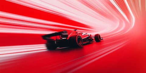 Poster Formula 1 car speeding through a vibrant red background with glowing white lines, capturing the energy, motion, and futuristic elegance of motorsport design