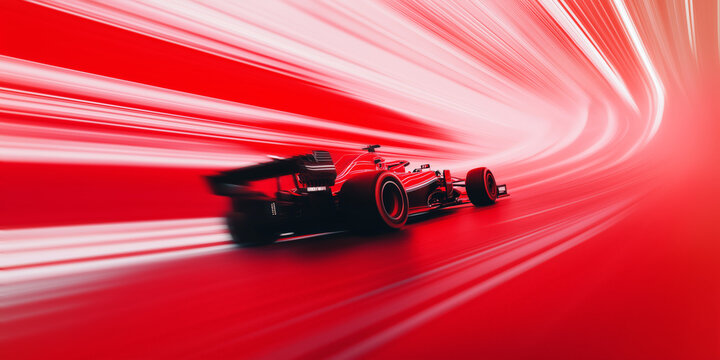 Formula 1 car speeding through a vibrant red background with glowing white lines, capturing the energy, motion, and futuristic elegance of motorsport design