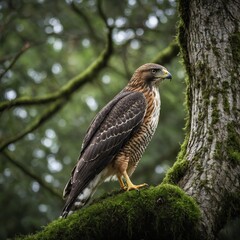 A hawk watching prey from a moss-covered tree limb.