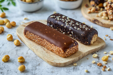 Indulgent protein bars on a wooden cutting board