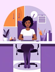 Cheerful woman working on a laptop in a modern office, surrounded by organizational elements that highlight time management and a pleasant work environment.
