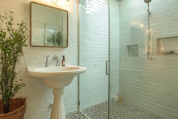 A compact vintage-modern bathroom featuring a pedestal sink and retro faucets.