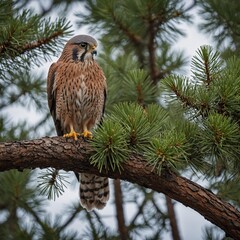 A kestrel perched high on a pine branch.