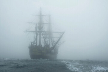 Ship emerges from fog on the horizon at sea