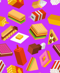 Fast food isometric pattern seamless. Slice of pizza and a donut. Soda and a burger. French fries and popcorn. Fastfood background