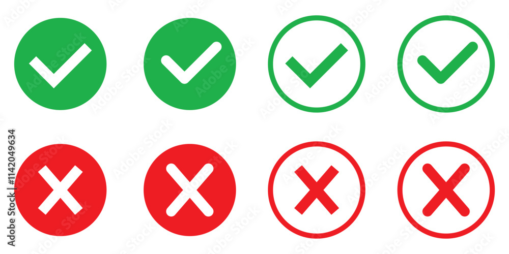 Aufkleber right or wrong icons. green tick and red cross checkmarks. yes or no symbol, approved or rejected ic
