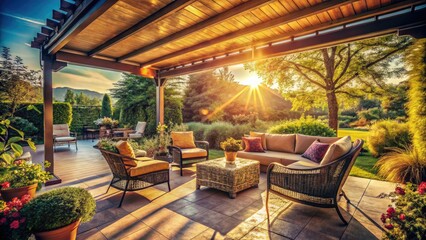 Modern house, vintage summer terrace. Canopy's shadow defines stylish outdoor space.