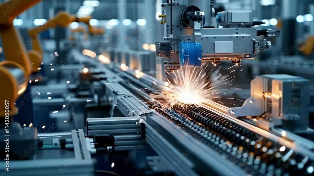 Poster industrial robot arms weld metal components on an assembly line, creating sparks as they operate. th