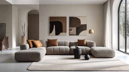 Modern Beige Living Room Sofa Design With Abstract Art