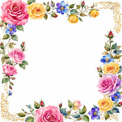 A border of colorful roses and tiny flowers with gold lines on a white background - Generative AI