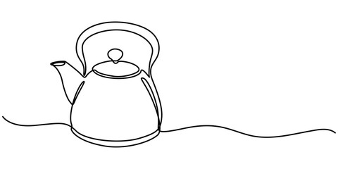 Kettle. Icon. Vector drawing. One line art. A simple drawing of a continuous line of a kitchen electric appliance, one continuous line drawing of kettle isolated on white background. cooking pro.