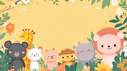 Naklejka premium Cartoon Animal Border Background - A Whimsical Frame for Colorful and Playful Scenes. The Adorable Cartoon Animals Forming the Border, with Their Cheerful Expressions and Cute Shapes 