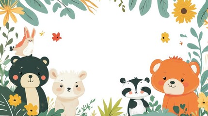 Naklejka premium Cartoon Animal Border Background - A Whimsical Frame for Colorful and Playful Scenes. The Adorable Cartoon Animals Forming the Border, with Their Cheerful Expressions and Cute Shapes 