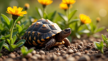 Obraz premium Turtle Surrounded by Beautiful Flowers in Garden