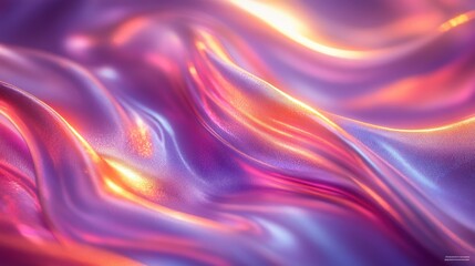 Obraz premium Abstract iridescent fluid waves, pink, purple, orange, and gold hues, glowing, shiny, and smooth texture.