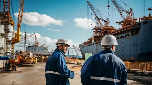 Workers in a shipyard and a ship under construction