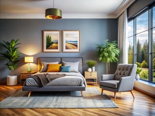 Modern living room, cozy bedroom scene: chair, wall art mockup, perfect for interior design projects.